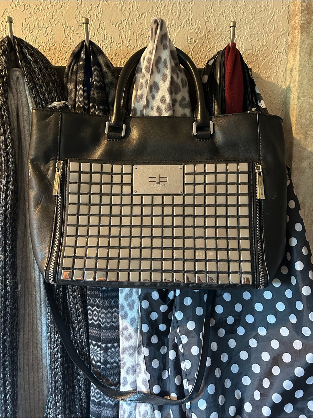 Michael Kors Black Leather Silver Studded Tile Tote